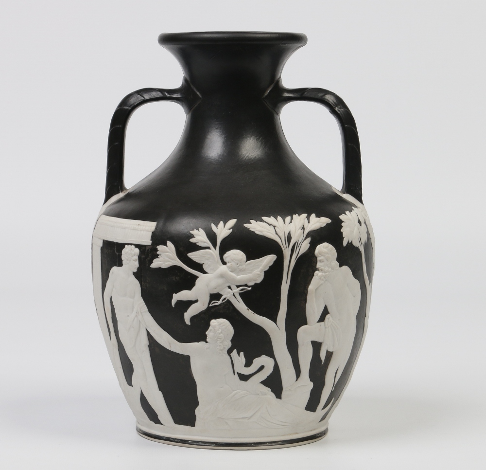 A Wedgwood Black Basalt Cameo Twin Handled Vase After The Portland