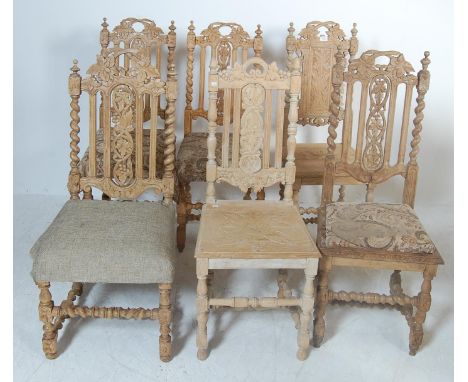A set of late 20th century antique style limed oak dining chairs having a carved pierced backrest atop a panel seat raised on