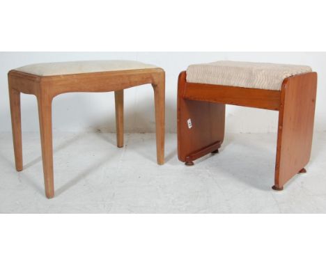 A pair of vintage retro 20th ceramic dressing table stools. One stool of a rectangular form with teak wood veneer sides and u