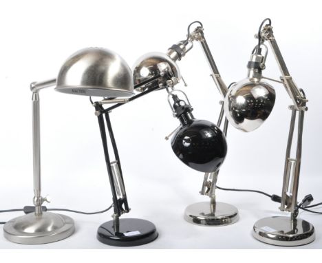 A group of four contemporary anglepoise industrial desk / table lamp lights to include two sprung chrome examples with anothe