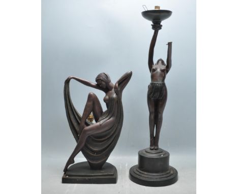 A pair of 20th century Art Deco style table lamp bases by Crosa. One depicting a ballerina holding the light socket with one 