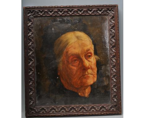A 19th century oil on board portrait study of an elderly lady. Unsigned and within good oak frame. Measures 42 cm H x 36 cm W