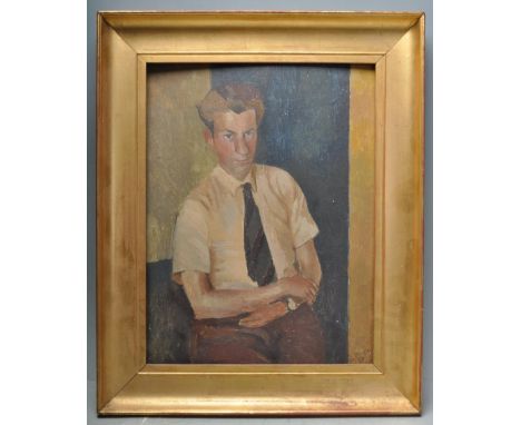 Jo Perry 1952-. An oil on board portrait study of a young man in seated position, signed and dated by the artist within gilt 