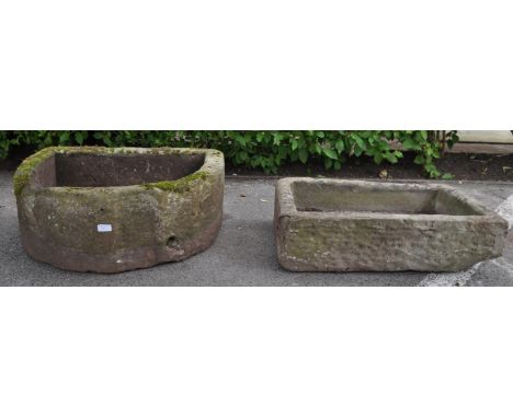 Two large 20th century antique style stoneware troughs. A large rectangular trough with low sides and square hole to the cent