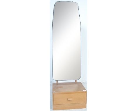 A vintage retro floor standing cheval mirror having a single drawer to the teak wood base with full length mirror above.&nbsp
