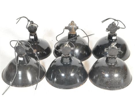 A group of six retro vintage mid 20th Century Industrial hanging / ceiling porcelain enamel pendant lights having large UFO c