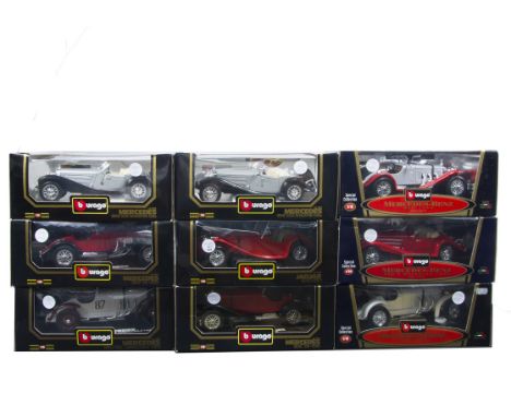 1:18 and 1:20 Scale Vintage Mercedes Benz  and Jaguar by Burago,  nine boxed models comprising, Mercedes Special Collection 3