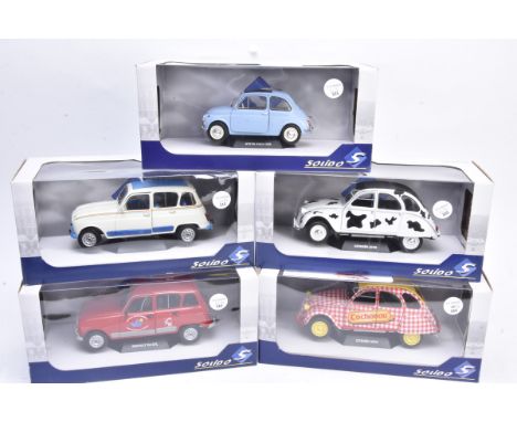 Solido 1:18 Scale Small Continental Cars, five boxed examples, Citroen 2CV6s S1850021 Cochonou and S1850028 Vache, S1800105 R