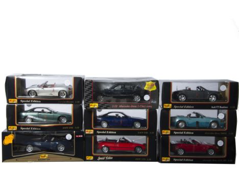 1:18 Scale Modern German Cars by Maisto, a boxed group of nine comprising, 31814 Porsche Boxster, 31878 Audi TT Roadster, Mer