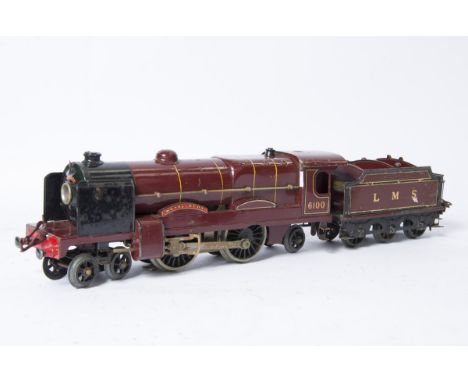 A Hornby O Gauge No E320 LMS 'Royal Scot' 4-4-2 Locomotive and Tender, in LMS crimson as no 6100 with smoke deflectors, G, al
