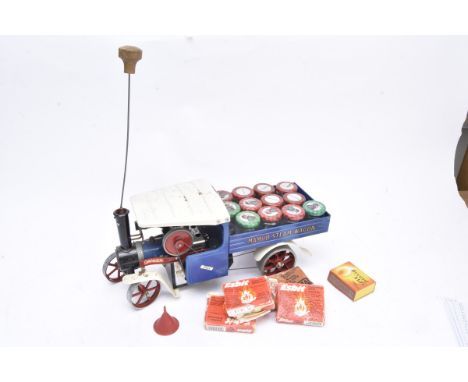 Mamod Live Steam SW1 Steam Wagon, in blue and white, steering stick, various tablets and a load of small Robertsons Jam jars,