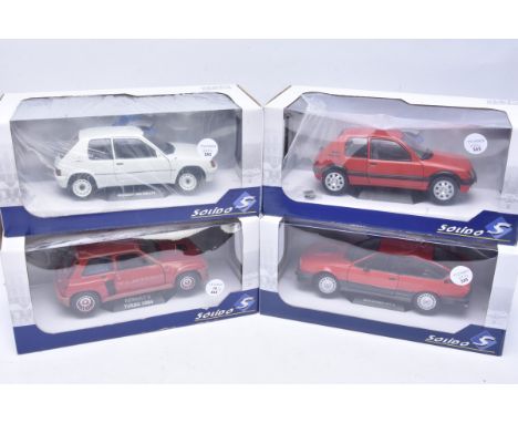 Solido 1:18 Scale French and Italian Cars, four boxed models S1801302 Renault 5 Turbo red 1981, S1801701 Peugeot 205 Rally MK