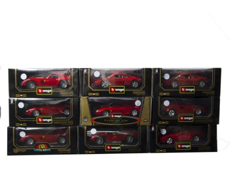 1:18 Scale Vintage and Modern Ferrari and Lamborghini by Burago, nine boxed models comprising Gold Collection 3333 250 Le Man