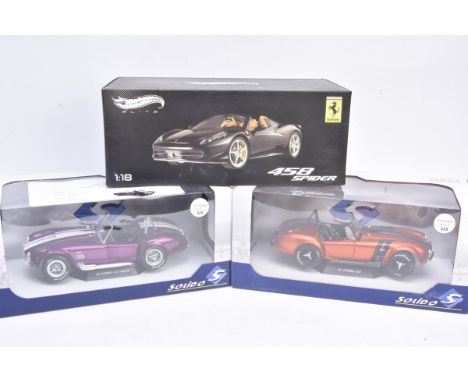 1:18 Scale Hotwheels Elite Ferrari and Solido AC Cobras, three boxed models Hotwheels Elite BCJ90 Ferrari 458 Spider together