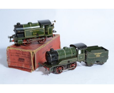 A Hornby 0 Gauge clockwork SR No 0 Locomotive and Tender and No 1 Tank projects, the no 0 in SR green as no E793, loco F, mis