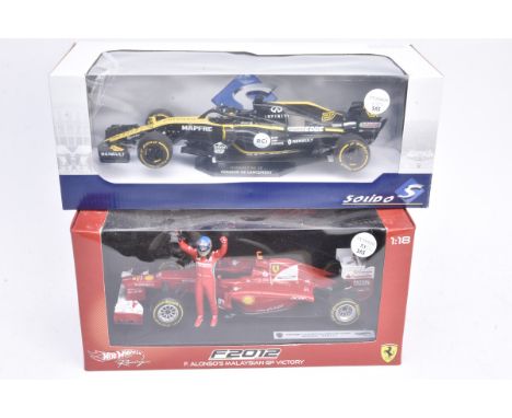 Hotwheels and Solido 1:18 Scale Formula Models,  two boxed examples Hotwheels BBW94 Limited Edition Sample F2012 F Alonso's M