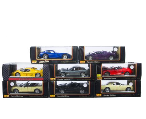 1:18 Scale Modern Sports Cars by Maisto, eight boxed models comprising, 31832 Dodge Viper GTS, 31829 Lamborghini Jota, Collez