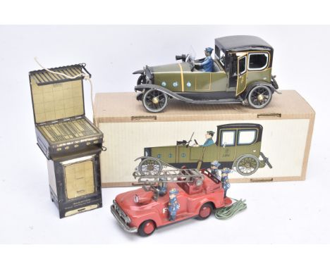 Regulo Tin Money Bank Fire Engine and Paya Car, Money Bank in black and gold with key, Japanese battery powered tin Fire engi