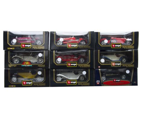 1:18 Scale Vintage Alfa Romeo and Jaguar by Burago,  nine boxed models comprising Special Collection 3014 8C Monza, 3008 2300