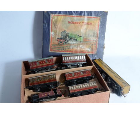 Hornby O Gauge No 101 LMS Clockwork Train Set and Additional Coaches, with matt crimson LMS 0-4-0T no 2270 and three coaches 