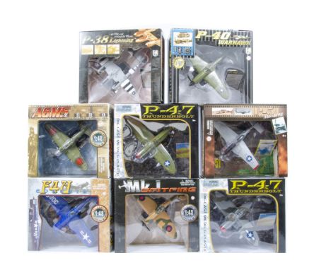 Motor Max 1:48 Scale WWII Fighter Planes, a boxed group comprising 76316 P-47 Thunderbolt (2), 76368 Zero, 76369 P-40 Warhawk