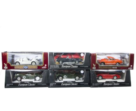 1:18 Scale Classic European Cars, six boxed models comprising Road Legends 921981966 VW Karmann Ghia and 92288 1940 BMW 328 a