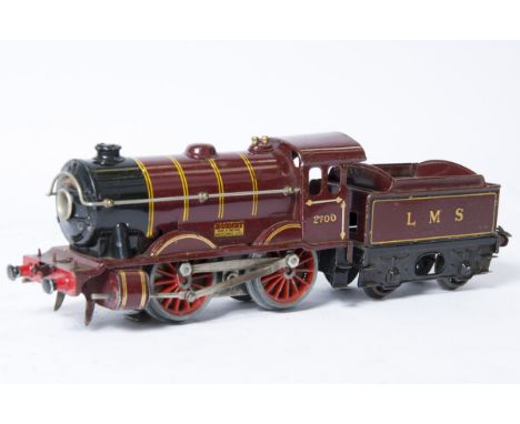 A Hornby O Gauge No 1 Special E120 LMS 0-4-0 Locomotive and Tender, in LMS crimson as no 2700 with serif-style decals, G, fro