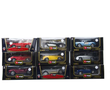 1:18 Scale Vintage Cars by Burago, nine boxed models comprising Porsche, Special Collection 3031 356B Cabriolet, 3021 356B Co