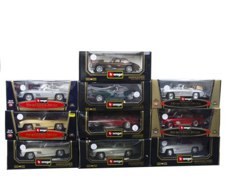 1:18 Scale Vintage Mercedes Benz and Jaguar Models by Burago, ten boxed examples comprising Mercedes, Gold Collection 3343 30