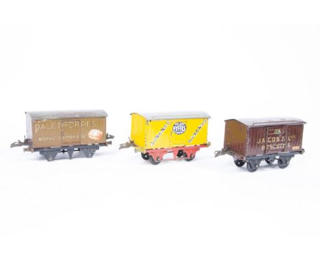 Three Hornby 0 Gauge 'T3-based' Private Owner Vans, a Palethorpes sausages van, P, one side faded to brown with some paint lo