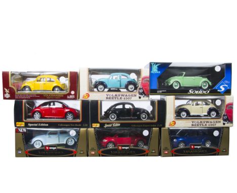 1:18 Scale Vintage and Modern VW Beetles, nine boxed models comprising, Solido 8014 Coccinelle, Road Legends 92078 1967 Beetl