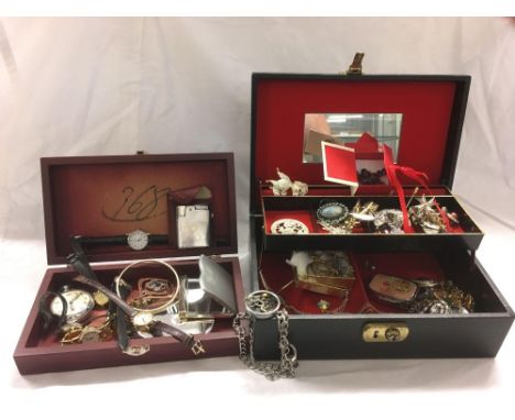 WOODEN BOX WITH POCKET WATCH, LADIES WATCHES, CIGARETTE LIGHTER, NOTE PAD &amp; TRINKET BOX OF COSTUME JEWELLERY