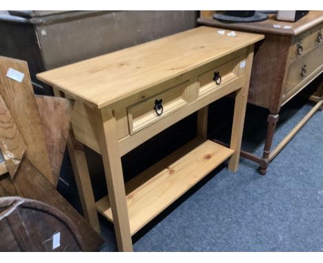 STRIPPED PINE SIDE TABLE WITH 2 DRAWERS &amp; SHELF UNDER