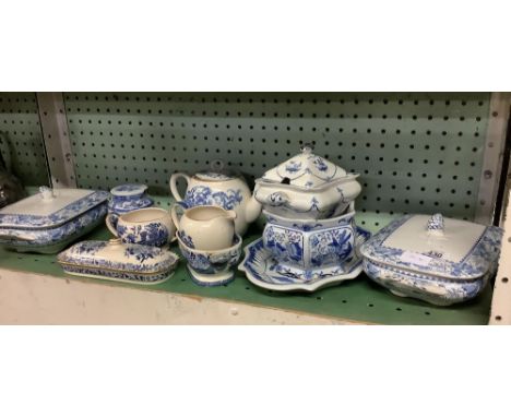 SHELF OF VARIOUS BLUE &amp; WHITE CHINA INCL; TEA POT, TUREENS ETC