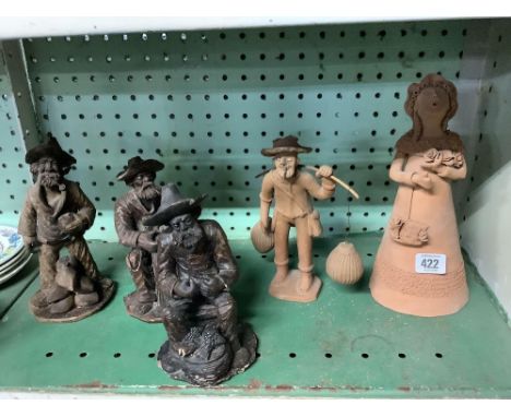 SHELF OF 5 ORIENTAL POTTERY FIGURINES, A COUPLE A/F