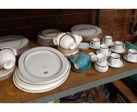 SHELF WITH PART WEDGWOOD DINNER SET, ROYAL LAPIS, SMALL COFFEE CANS &amp; SAUCERS &amp; 3 OTHER CUPS &amp; SAUCERS