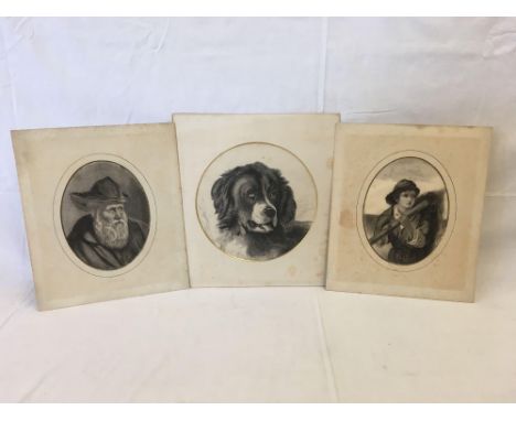 OVAL DRAWING OF A FISHER BOY TOGETHER WITH ANOTHER OF AN OLD SALT AND A CIRCULAR PORTRAIT OF A DOG.