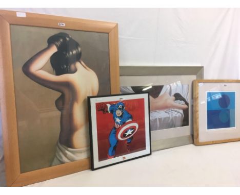 2 LARGE FRAMED SEMI NUDE PRINTS, AN ABSTRACT PRINT &amp; PRINT OF CAPTAIN AMERICA