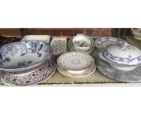 SHELF OF MIXED CHINAWARE INCL; EVESHAM, CAKE STANDS, SOUP TUREEN &amp; OTHER DISHES