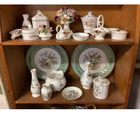 2 SHELVES OF BONE CHINA ORNAMENTS &amp; 2 LARGE AYNSLEY PLATES, ONE A/F