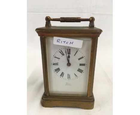 BRASS BODY CARRIAGE CLOCK MARKED OXFORD, PARIS MAKER WITH KEY