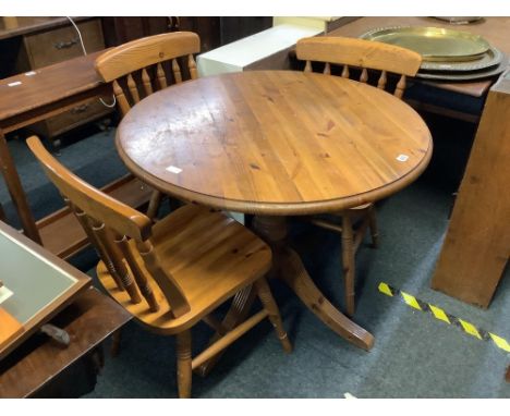 MODERN CIRCULAR PINE BREAKFAST TABLE ON HEAVY PEDESTAL LEGS, 3ft DIA WITH 4 MATCHING STICK BACK PINE CHAIRS