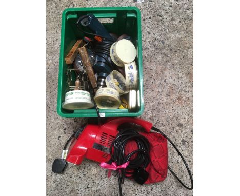 HAND HELD DIRT DEVIL VAC, A CARTON OF MISC HAND TOOLS, SCREWS, NAILS ETC &amp; A POWER DRILL