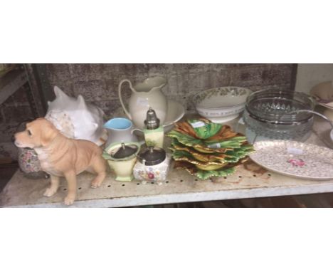 SHELF WITH A LABRADOR DOG, SUGAR SETS, BOWLS, GLASS DISHES &amp; A LARGE CONCH SHELL