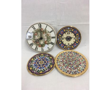 2 SOUVENIR PLATES FROM SPAIN, A CERAMIC WALL CLOCK &amp; 1 OTHER CLOCK