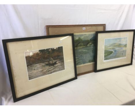 GROUP OF 3 COLOURED SPORTING PRINTS OF FISHING SUBJECTS, ANGLERS RIVER FISHING, ONE BY HAROLD FRANK WALLACE, SINGED IN PENCIL
