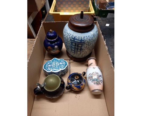 CARTON WITH ORIENTAL STYLE LAMP BASE, SMALL VASE, BLUE POTS, 1 WITH LID