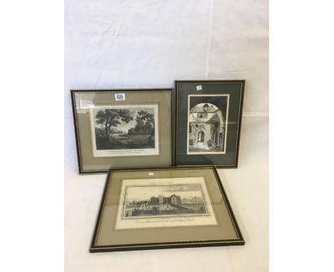 THREE VIEWS OF THE EXETER AREA. A VIEW BY THE EXE DATED 1783. ANOTHER ANTIQUE  PRINT OF POWDERHAM CASTLE AND A PEN AND INK DR