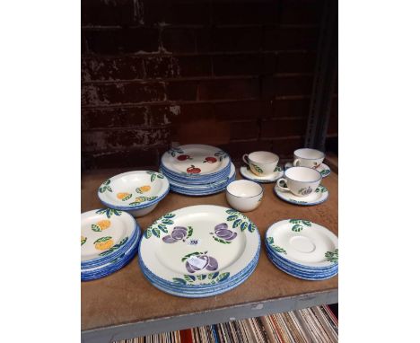 SHELF WITH POOLE POTTERY PLATES, CUPS &amp; SAUCERS &amp; DISHES