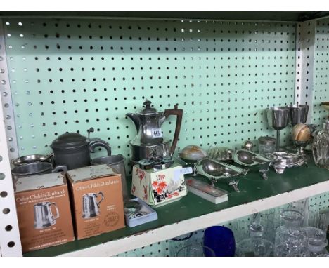 SHELF OF PLATEDWARE, GLASSWARE &amp; PEWTER